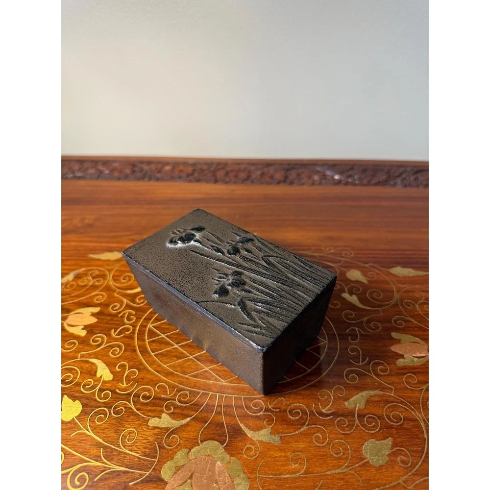 Vintage Cast Iron Jewelry Box with Iris Relief Design